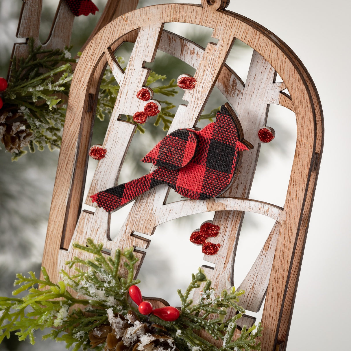 4.75" Wooden Cutout Tree Ornament with a Buffalo Check Cardinal
