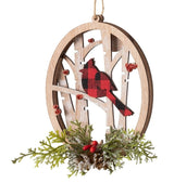 4.75" Wooden Cutout Tree Ornament with a Buffalo Check Cardinal