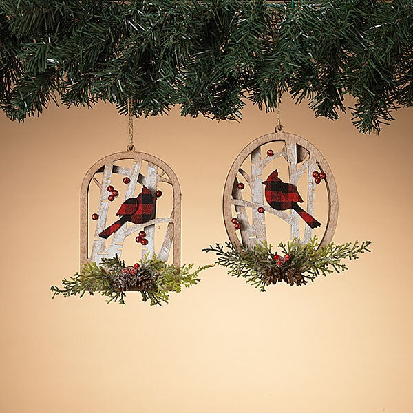 4.75" Wooden Cutout Tree Ornament with a Buffalo Check Cardinal