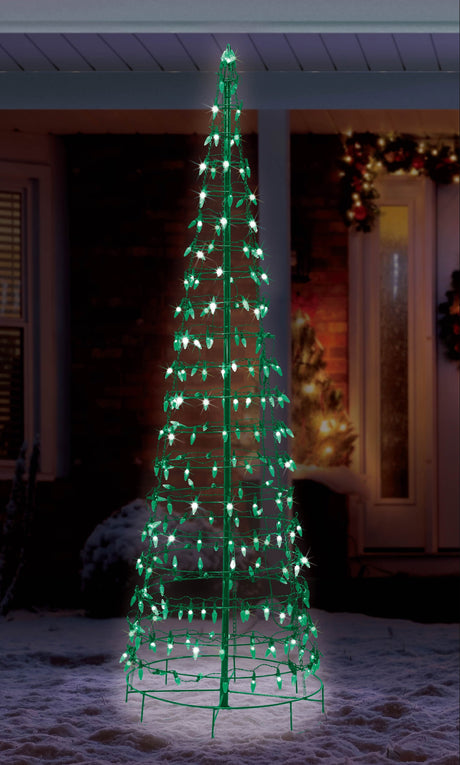 LED Christmas decorations pre-lit with green lights. Wire is shaped to look like a cone tree.