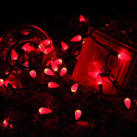 A string of red LED lights inside a glass vase next to a photo frame.