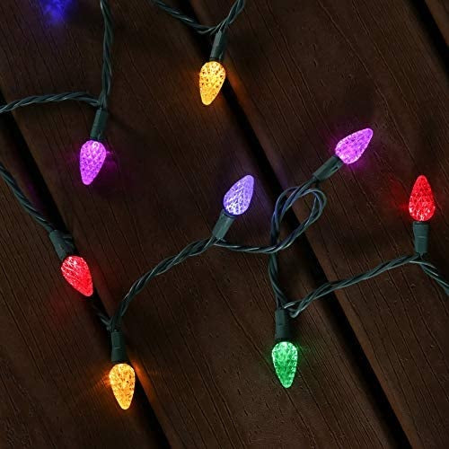 A string of multi-colored LED lights.