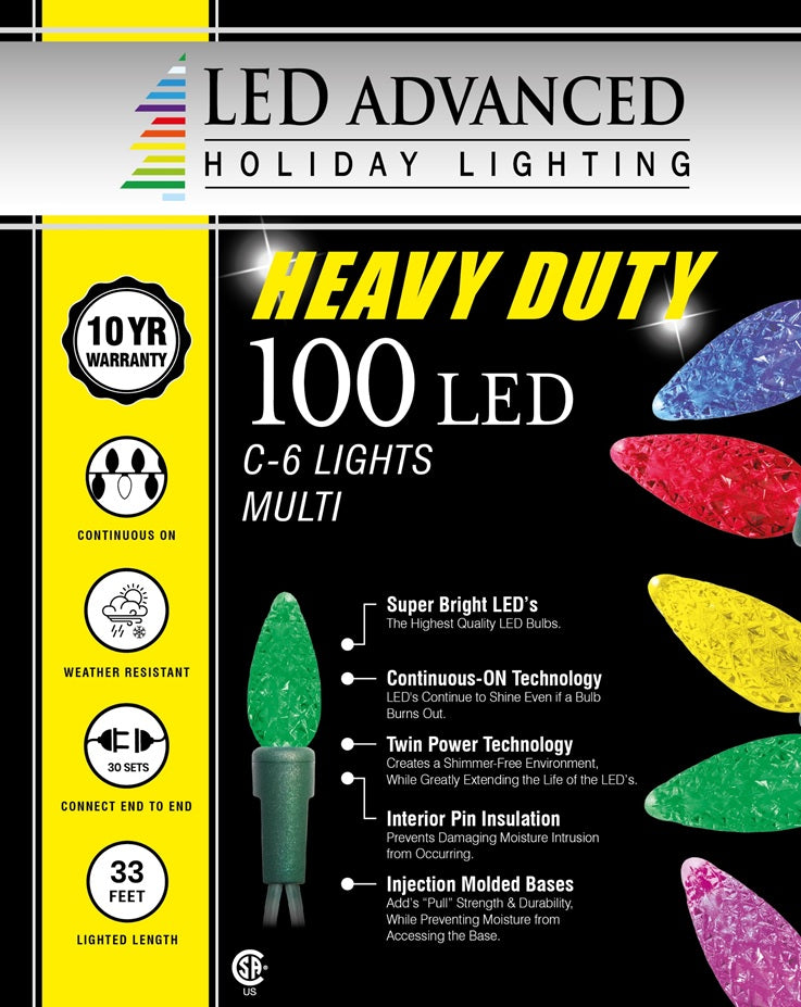 A box of 100 multi-colored C6 LED lights.