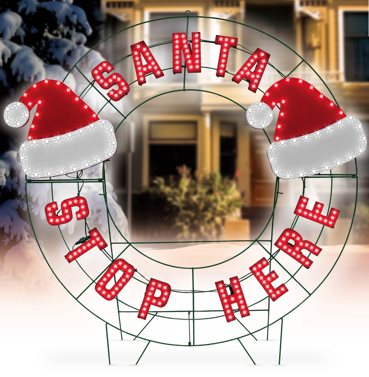 LED outdoor decoration that reads "Santa Stop Here." The text is red. It also features two Santa hats.