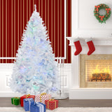 White artificial tree pre-lit with multi-colored lights.