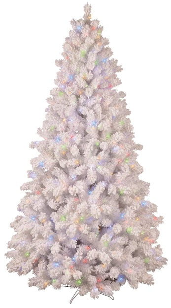 White artificial tree pre-lit with multi-colored lights.