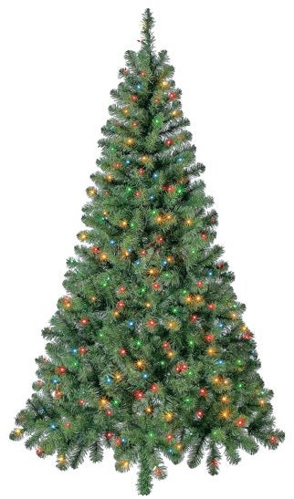 Artificial tree with multi-colored lights.