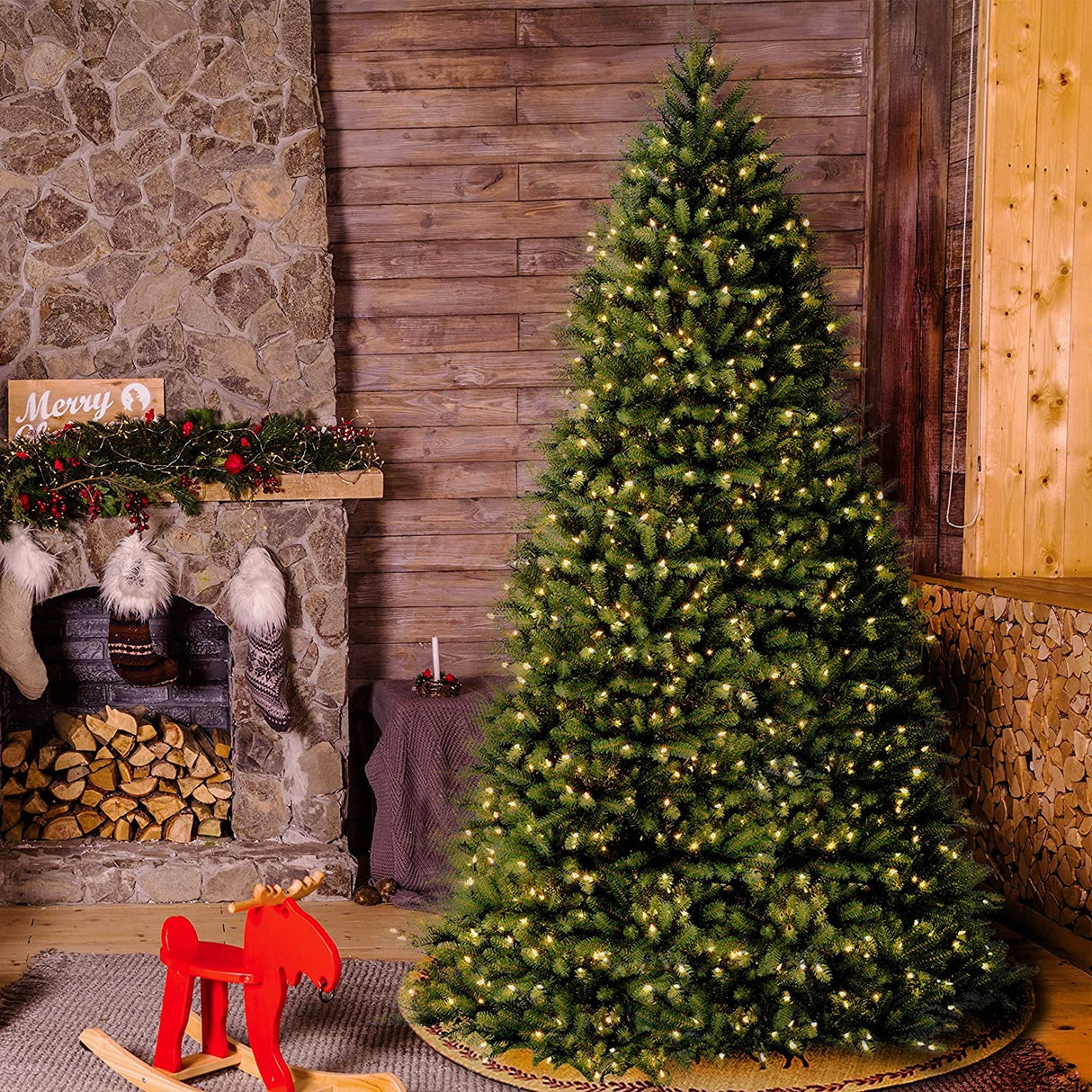 Artificial tree pre-lit with clear lights.