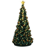Resin village accessory for a Lemax display. Designed to look like a tall, decorated Christmas tree. There's a lit star on top, warm white lights and gold ornaments.