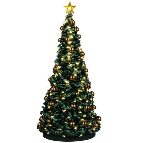 Resin village accessory for a Lemax display. Designed to look like a tall, decorated Christmas tree. There's a lit star on top, warm white lights and gold ornaments.