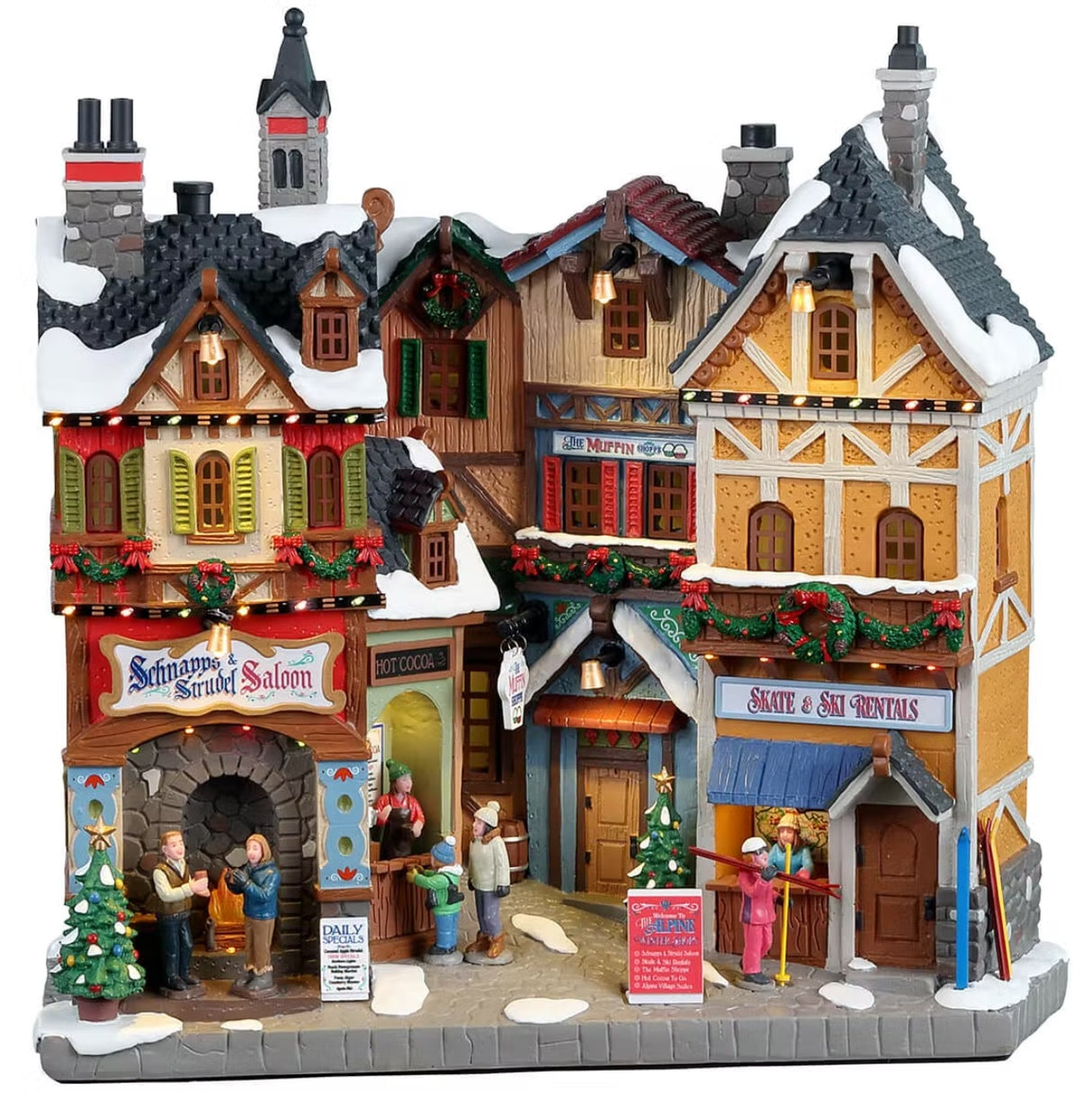 Resin building facade for a Lemax display. Designed to look like a bunch of different store fronts. There's a salon, a hot cocoa booth, a muffin shop and a skate/ski rental shop. It's decorated for Christmas and there's snow on the roof and sidewalk.