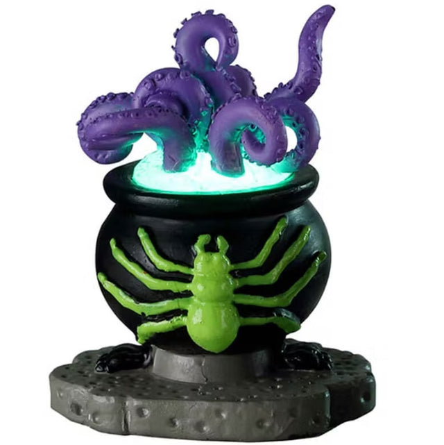 Plastic village accent for a Spooky Town Lemax display. Designed to look like a black cauldron with a giant, lime green spider on the side. Inside the cauldron is a teal, glowing liquid with purple tentacles coming out of it.
