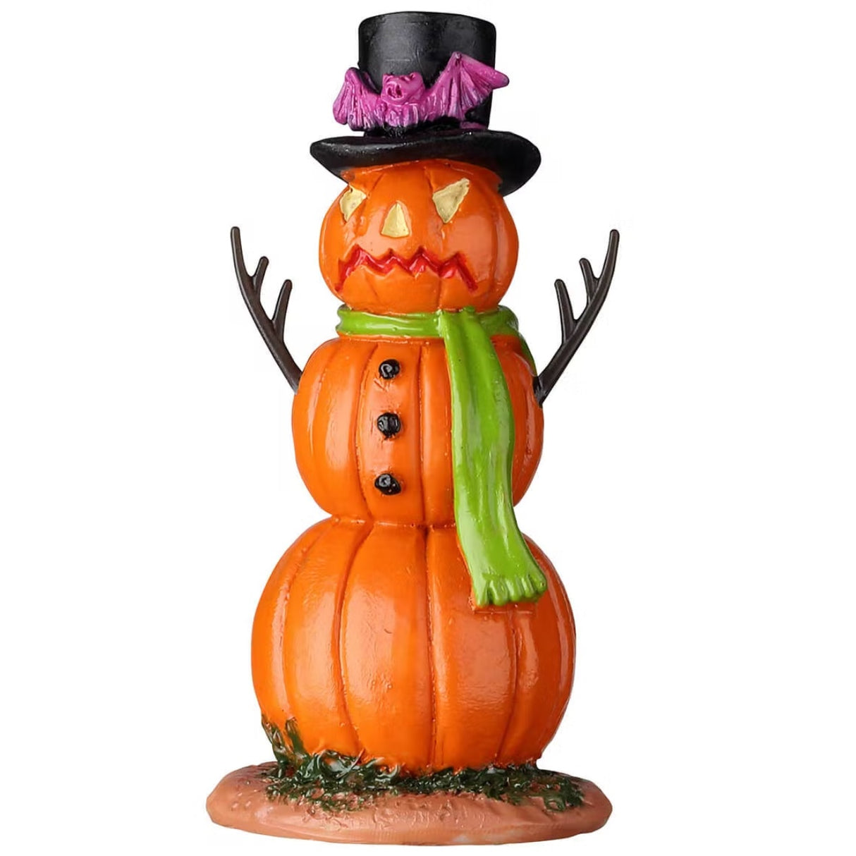 Resin village accessory for a Lemax Spooky Town display. Designed to look like a snowman made out of pumpkins. The pumpkin snowman is wearing a black top hat with a pink bat on it. His arms are made of branches and he's wearing a lime green scarf. There are three buttons on the middle pumpkin.