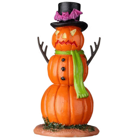 Resin village accessory for a Lemax Spooky Town display. Designed to look like a snowman made out of pumpkins. The pumpkin snowman is wearing a black top hat with a pink bat on it. His arms are made of branches and he's wearing a lime green scarf. There are three buttons on the middle pumpkin.