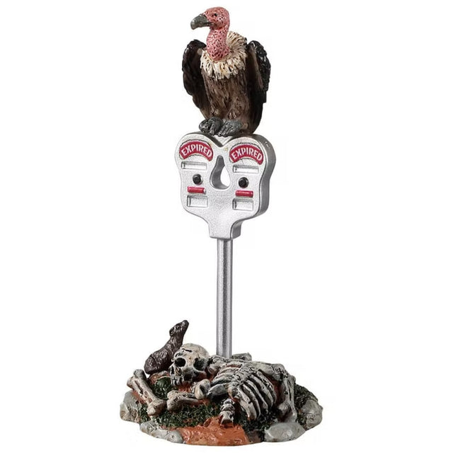 Plastic figurine for a Lemax display. Designed to look like a vulture standing on top of a parking meter. There are bones and a rat at the base.