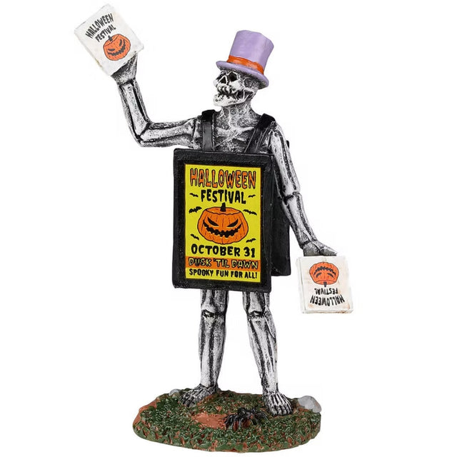 Polyresin figurine for a Lemax Spooky Town display. Designed to look like a skeleton wearing a purple top hat and a wearable sandwich sign that reads "HALLOWEEN FESTIVAL. OCTOBER 31. DUSK TIL DAWN. SPOOKY FUN FOR ALL!" He's also handing out signs for the festival.