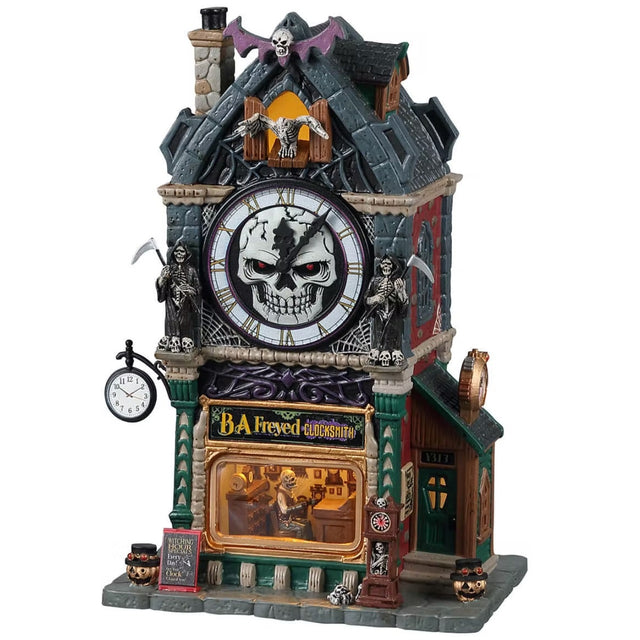 Porcelain building for a Lemax display. Designed to look like a tall, brick clock tower. There are Grim Reapers, spiderwebs and pumpkin accents. The clock has a skull with red eyes on it.