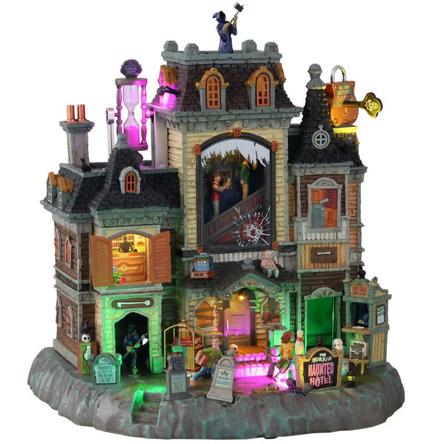 Polyresin building for a Lemax display. Designed to look like a large, brick hotel. There's a Grim Reaper on the roof along with an hourglass statue and a lock and key statue. Inside the large window, you can see people walking up stairs.