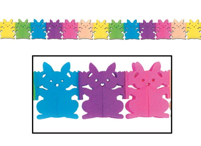 A garland made up of different colored bunnies. Colors include yellow, green, blue, purple, pink and light orange