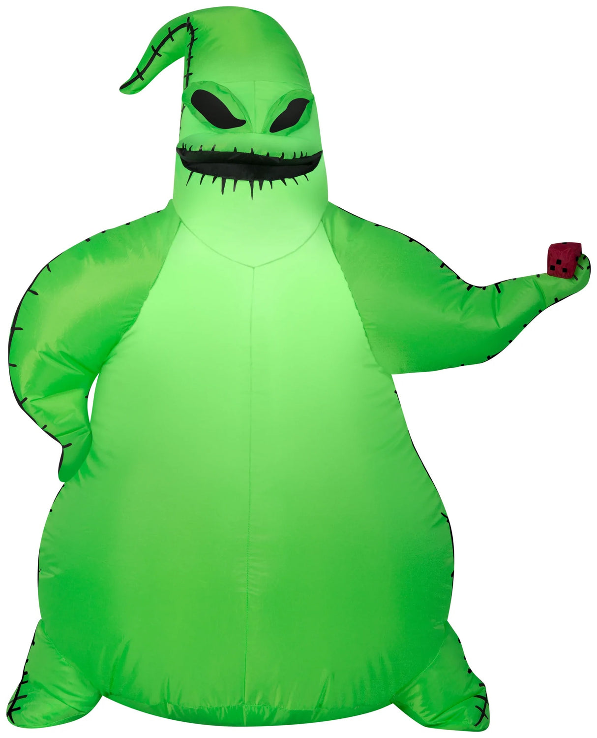 Halloween inflatable designed to look like Oogie Boogie, the villainous bag of bugs from the movie The Nightmare Before Christmas. His burlap sack glows neon green and he's holding some red dice.
