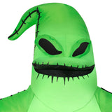 Halloween inflatable designed to look like Oogie Boogie, the villainous bag of bugs from the movie The Nightmare Before Christmas. His burlap sack glows neon green and he's holding some red dice.