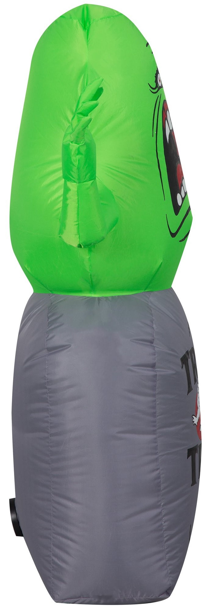 Inflatable Halloween decoration shaped like Slimer, the green ghost from the movie Ghostbusters. He appears to be jumping out from a tombstone that reads "Trick or Treat" and features the Ghostbusters logo.