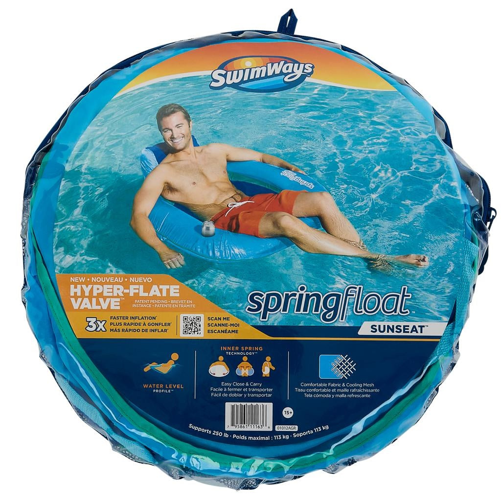 Inflatable pool chair covered in fabric and featuring cooling mesh. It also has a backrest and a cupholder.