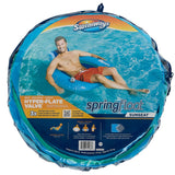Inflatable pool chair covered in fabric and featuring cooling mesh. It also has a backrest and a cupholder.