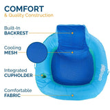 Inflatable pool chair covered in fabric and featuring cooling mesh. It also has a backrest and a cupholder.