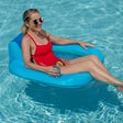 Inflatable pool chair covered in fabric and featuring cooling mesh. It also has a backrest and a cupholder.