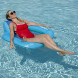 Inflatable pool chair covered in fabric and featuring cooling mesh. It also has a backrest and a cupholder.