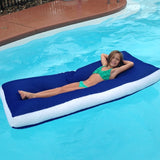 Large blue inflatable pool mattress with a white border.