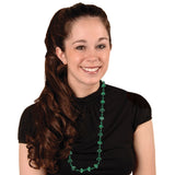 Shiny, green beaded necklace. The beads on the necklace switch between round and shamrock shaped.