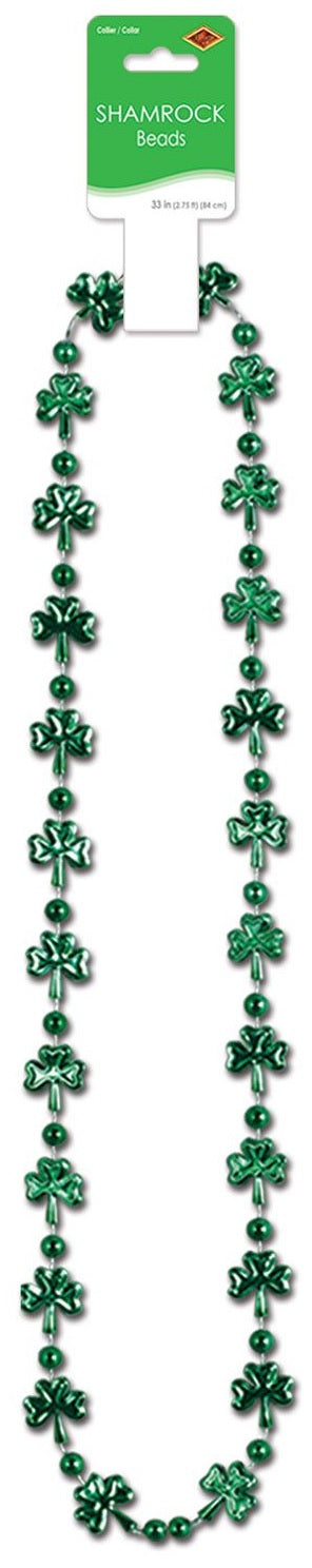 Shiny, green beaded necklace. The beads on the necklace switch between round and shamrock shaped.