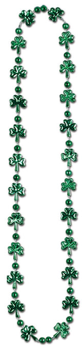 Shiny, green beaded necklace. The beads on the necklace switch between round and shamrock shaped.