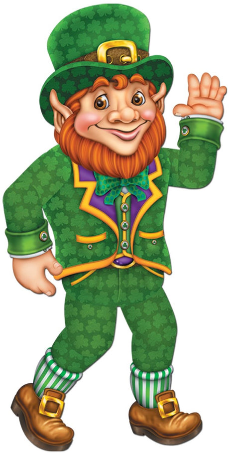 Jointed wall decoration shaped like a leprechaun wearing a green tuxedo with shamrocks on it. He's wearing a green top hat, green and white striped socks.