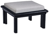 A black resin ottoman with a gray cushion