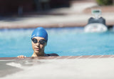 Silicone swimming masks designed not to stick to your hair. There are three color options: blue, white and black.