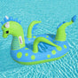 A pool float shaped like a lime green and light blue dragon.