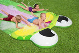 A water slide shaped like a frog. There are three lanes for racing.