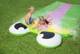 A water slide shaped like a frog. There are three lanes for racing.