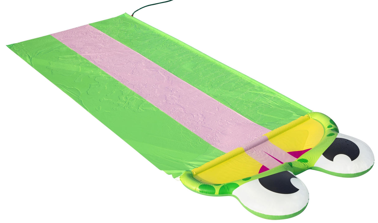 A water slide shaped like a frog. There are three lanes for racing.