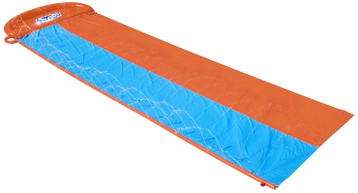 A slip n slide with two lanes that lead into a splash pad.