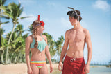 Swimming mask and snorkel set. There are two color options: one is red and one is black.