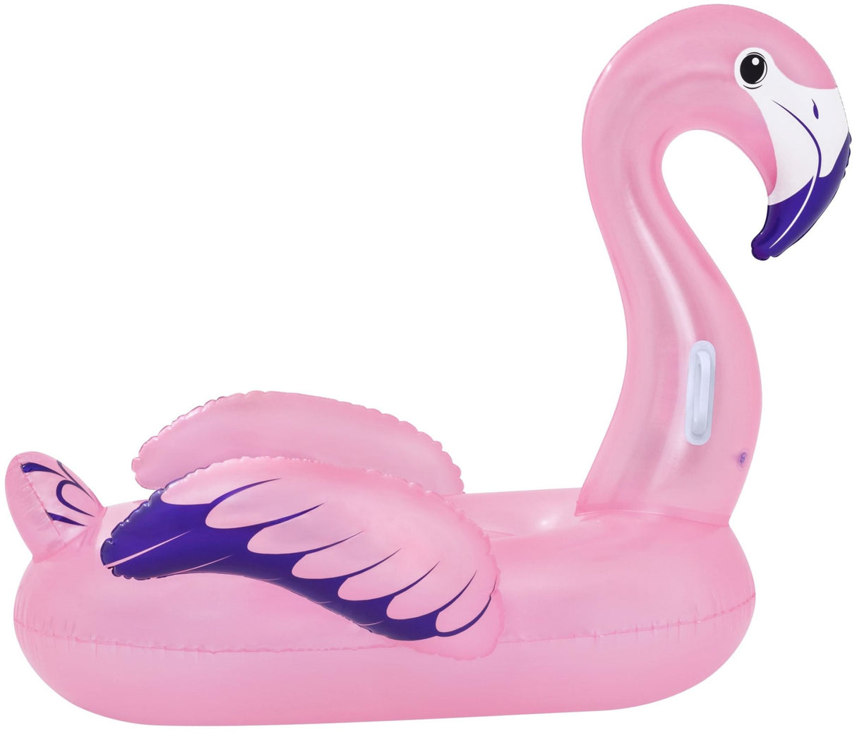 A pink pool inflatable shaped like a flamingo.