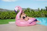 A pink pool inflatable shaped like a flamingo.