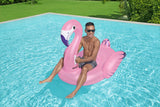 A pink pool inflatable shaped like a flamingo.