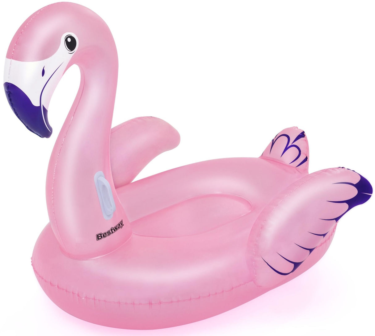 A pink pool inflatable shaped like a flamingo.