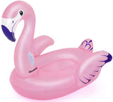 A pink pool inflatable shaped like a flamingo.