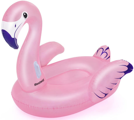 A pink pool inflatable shaped like a flamingo.